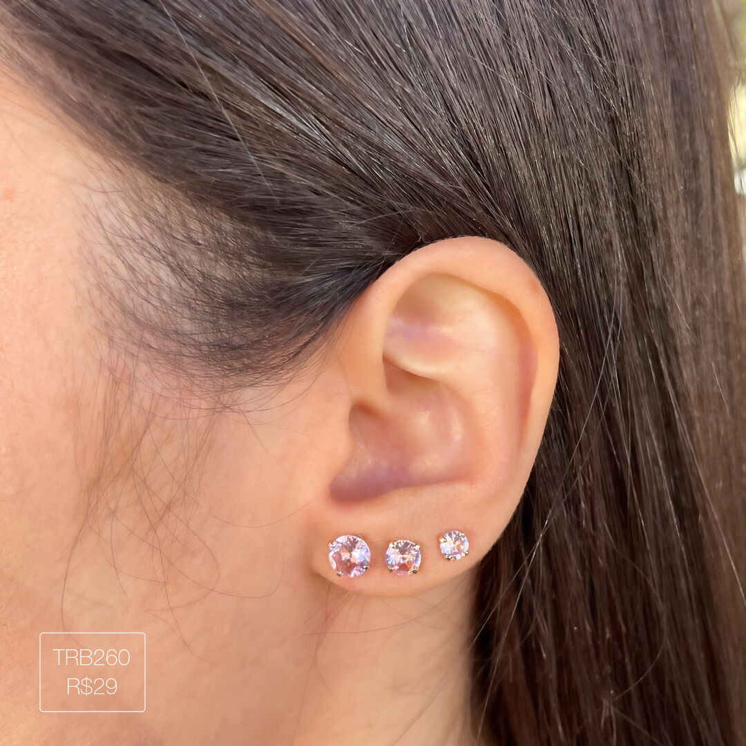 Trio de Brincos de Zircônia Rosa Dourado